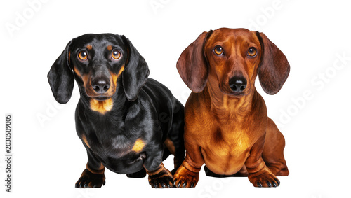 Photography Two dachshund dogs one black and tan one red, sitting together isolated on trans