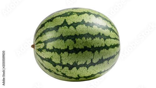 Tableau sur toile Whole green striped watermelon with stem, isolated on transparent background