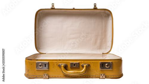Photos Vintage yellow suitcase with metal clasps and handle open and empty, isolated on