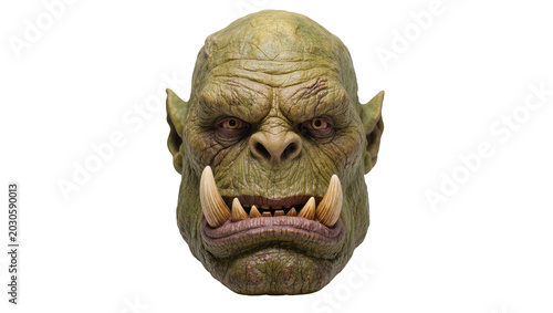 Fotografie Detailed green orc head mask with large tusks, isolated on transparent backgroun