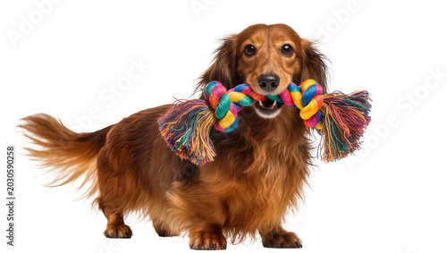 Long-haired dachshund dog holding a colorful rope toy in its mouth, isolated on transparent background