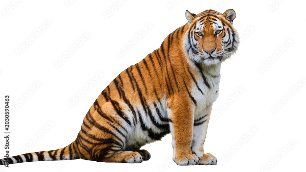 Obraz premium Majestic Bengal tiger with orange and black stripes sitting, isolated on transparent background
