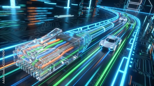 High-speed Ethernet cable speeding alongside futuristic cars in neon lights  