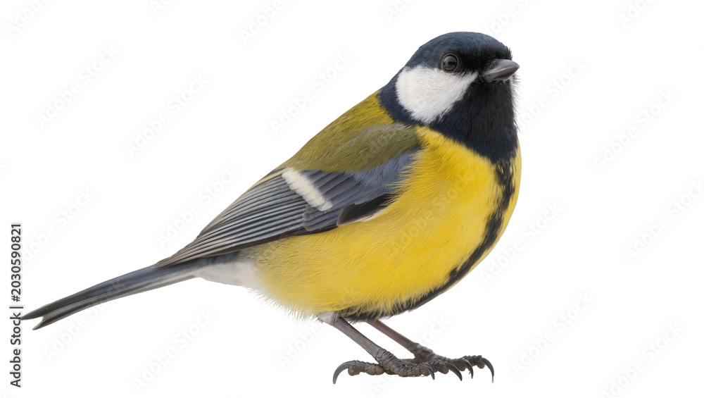 Naklejka premium Great tit bird with yellow belly and black head, isolated on transparent background