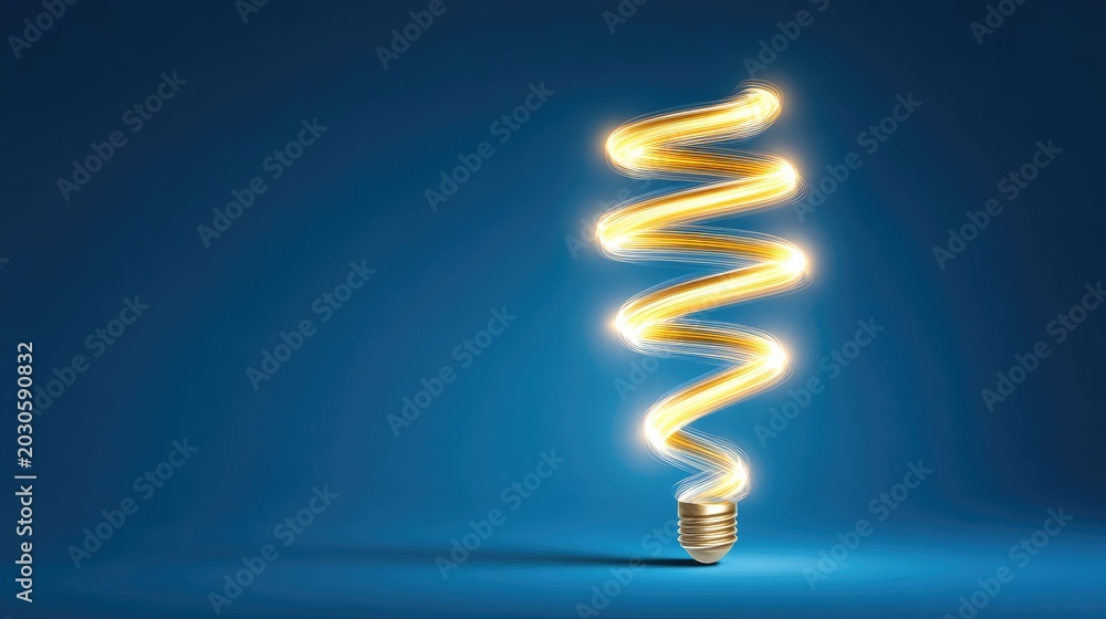 Obraz premium Innovative Spiral Light Bulb Design Illuminating a Blue Background with Glowing Energy for Creative and Modern Concepts in Energy Efficiency