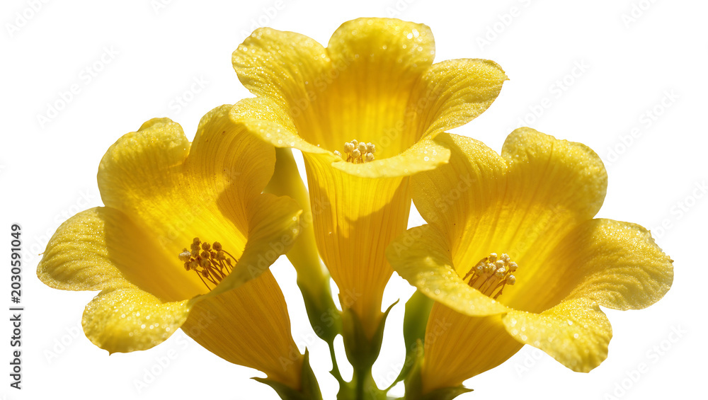 Fototapeta premium Cluster of bright yellow trumpet flowers with visible stamens, isolated on transparent background