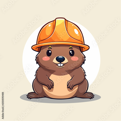 Cute cartoon beaver wearing an orange hard hat