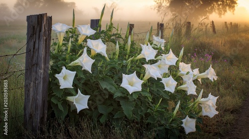 datura. A cluster of datura plants growing wild near a weathered fence in a misty field at dawn. gardening catalogs, home-decor guides, designed for gardening and botanical catalogs.