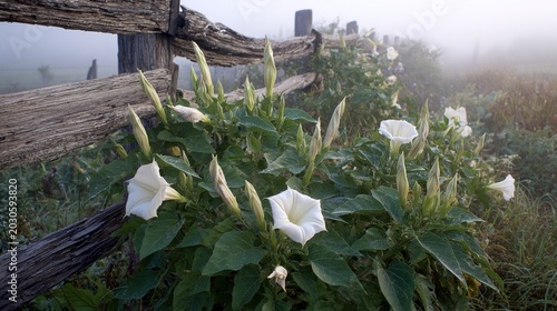 datura. A cluster of datura plants growing wild near a weathered fence in a misty field at dawn. gardening catalogs, home-decor guides, designed for gardening and botanical catalogs.