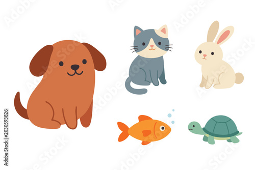 Cute domestic pets vector illustration set, kawaii cat dog rabbit turtle fish sticker pack