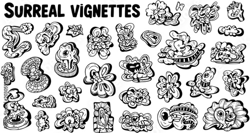 Foto Surreal Vignettes Abstract Black and White Line Art Doodle Collection for Creati