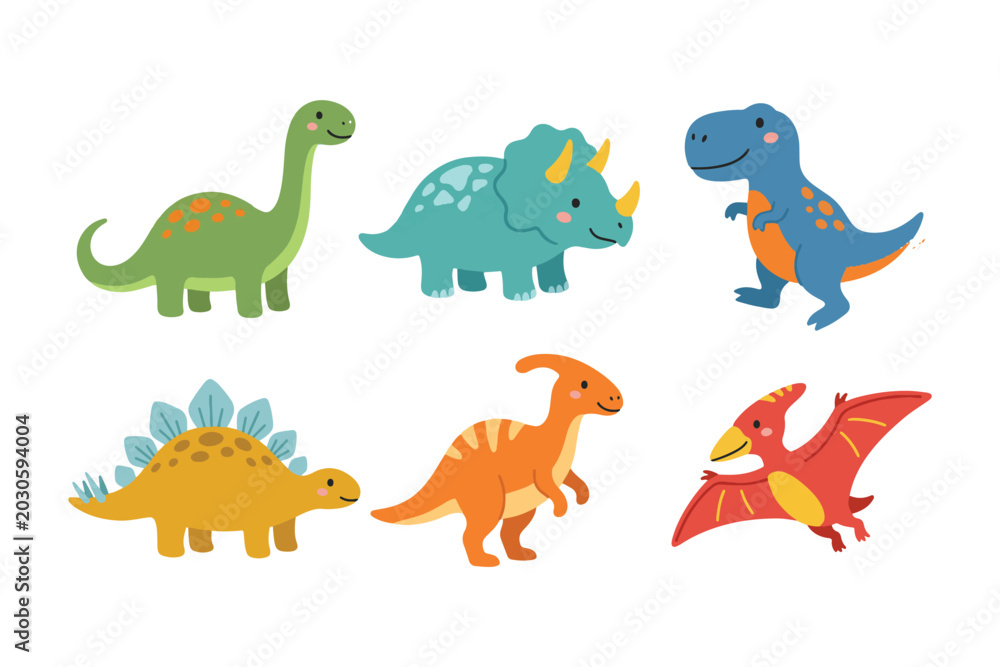 Fototapeta premium Colorful baby dinosaurs vector element set, cute cartoon dino character illustration for kids