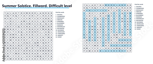 Photos Word search puzzle with summer solstice theme and difficult level,  fillword