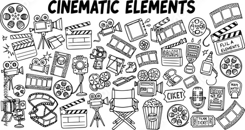 Canvastavla Black and White Hand Drawn Doodle Line Art of Cinematic Elements, Movie Producti