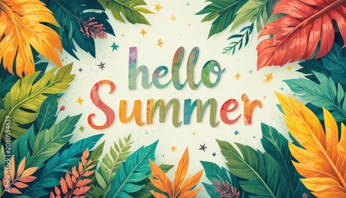 Tropical leaves with Hello Summer text symbolizing seasonal greeting lifestyle joy creativity and festive decorative design concept
