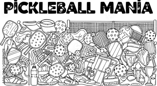 Foto Pickleball Mania Black and White Line Art Illustration Coloring Page