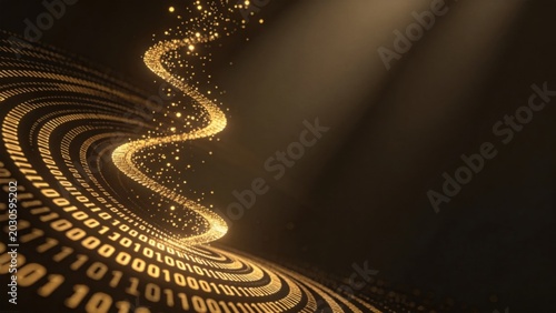 Golden binary vortex glowing particles helical