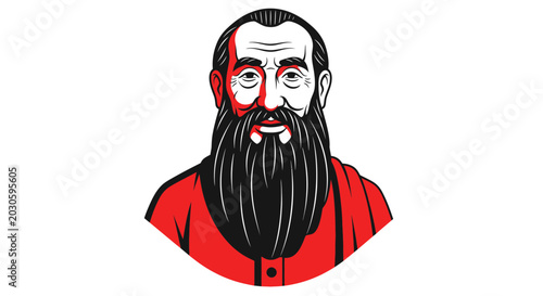 Schilderij op canvas Bearded man illustration, vintage style, wise elder portrait, red and white