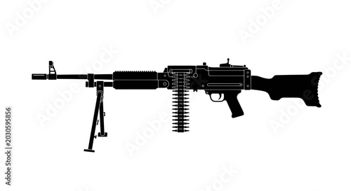 Schilderij op canvas Silhouette of a Heavy Machine Gun with Bipod and Ammunition Belt