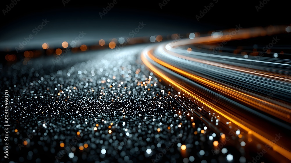 Fototapeta premium Abstract background with glowing orange and blue light trails on a dark speckled texture. Motion blur concept for high speed network data transfer.