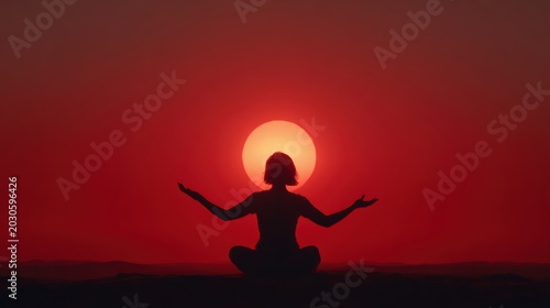 woman practicing yoga silhouette on endless flat land, large red sunset sun directly behind her, minimalistic landscape with clean horizon, full body silhouette pose