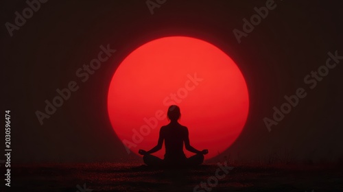 yoga pose silhouette of woman on open land with red sunset sun behind her, clean minimal horizon and dramatic lighting