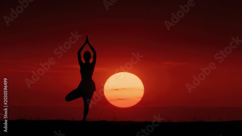 yoga silhouette of woman centered in front of bright red sunset sun, infinite empty land and simple horizon