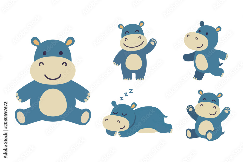 Fototapeta premium Cute baby hippo activity vector element set, kawaii hippopotamus cartoon characters pack