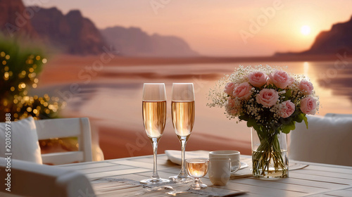 Romantic dinner setting with two glasses of champagne and a bouquet of pink roses on a table at sunset, beautiful beach resort or desert oasis background, luxury date concept. AI generated