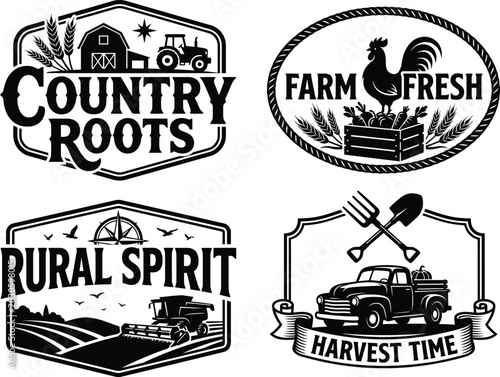 Group of four proficient vector illustrations featuring black and white farm themed badges and rustic country logos.