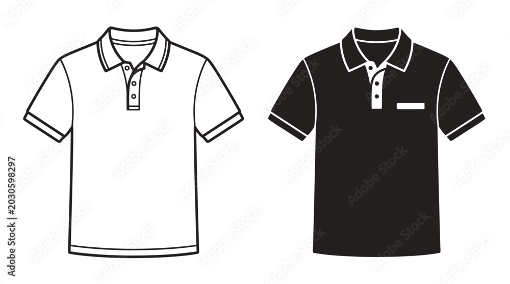 Naklejka premium Two polo shirts, one white outline and one solid black, displayed side by side