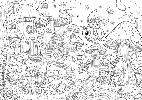 Gnome Village Coloring Page: Mushroom Houses and Fairies