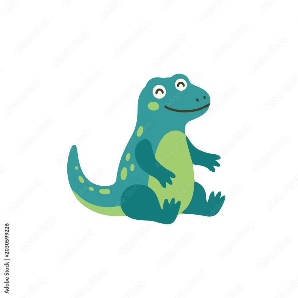 Obraz premium Cute turquoise komodo dragon waving hand vector illustration, funny lizard cartoon character