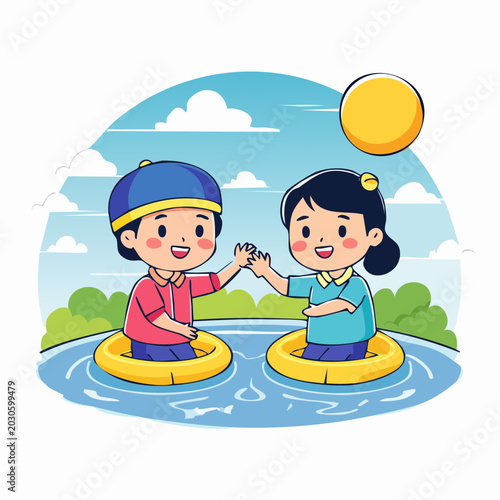 Children playing in water with inflatable rings