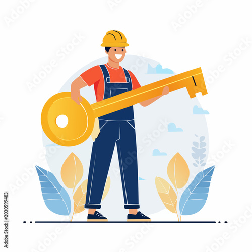 Construction worker holding a giant golden key