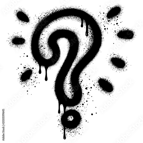 graffiti question mark with over spray in black over white.