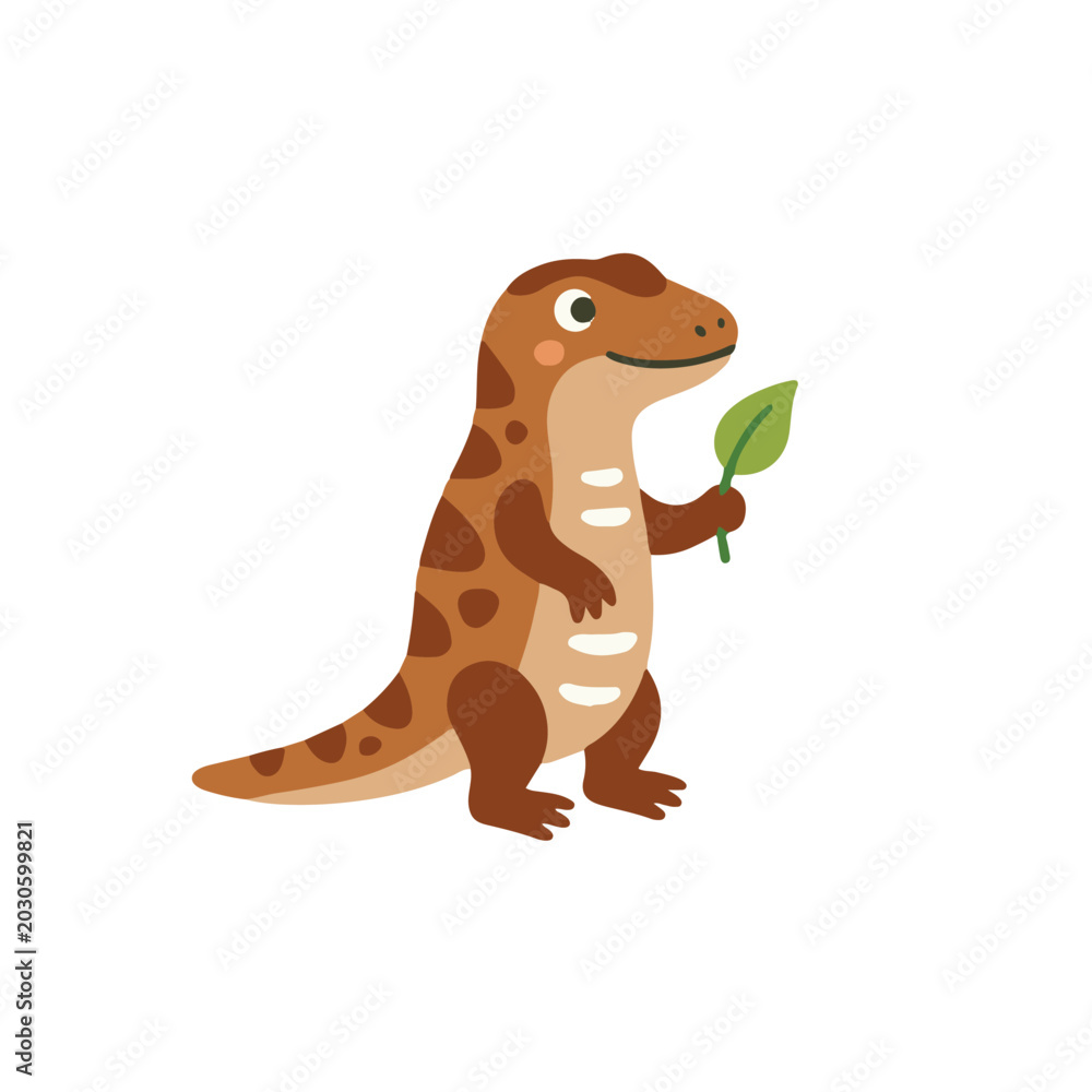 Obraz premium Cute brown komodo dragon holding green leaf vector illustration, funny lizard cartoon