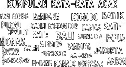 Fotografie Black and White Line Art Collection of Indonesian Words: Food, Places, Culture