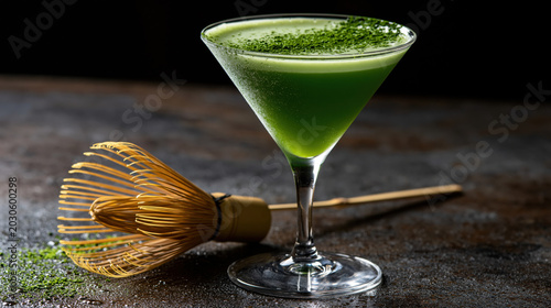 Matcha cocktail green martini iced drink glass alcohol bar foam garnish dark background selective focus Smooth matcha cocktail elegant green martini glass with foam garnish rustic bar counter