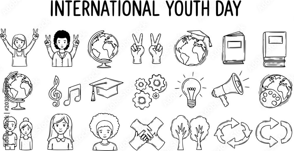 Fototapeta premium International Youth Day Vector Icons: Globes, Books, Graduation Cap, Music, People, Ideas - Black and White Line Art