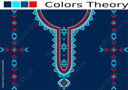 Ethnic geometric neckline embroidery design with tribal aztec pattern for kurti, vector illustration.