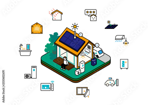 Quadro su tela GX志向型住宅のアイソメイラスト＆アイコン。高気密高断熱、HEMS,ZEH、パッシブデザイン、日射取得日射遮蔽、太陽光発電、省エネ住宅、V2H
