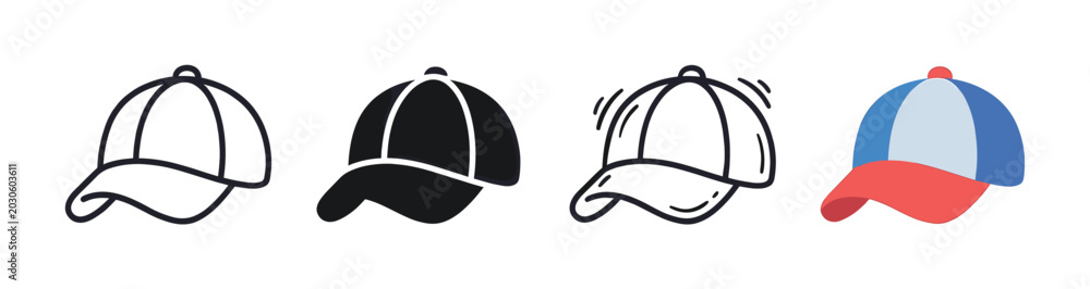 Fototapeta premium Four baseball cap icons are displayed in various styles, including outline, solid, and colored versions, against a clean white background