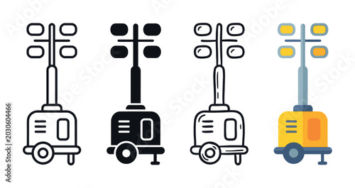 Four distinct mobile light tower icons are displayed in a row on a clean white background, showcasing various styles