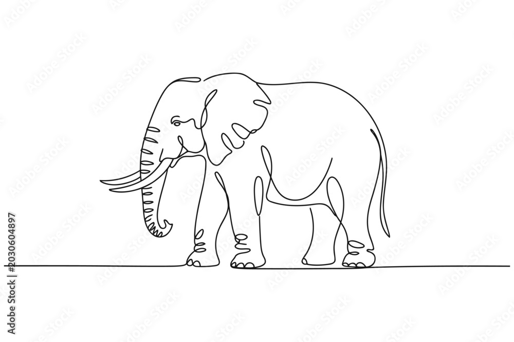 Fototapeta premium Single line drawing of an african elephant standing on a plain with line art continuous single stroke hand drawn graphic design white background bold thick thin elephant