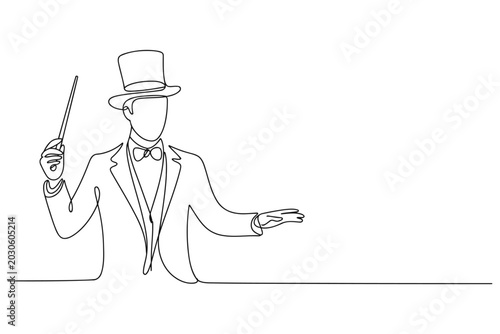 Fotografie Magician in top hat performing magic trick with wand and bow tie performance art