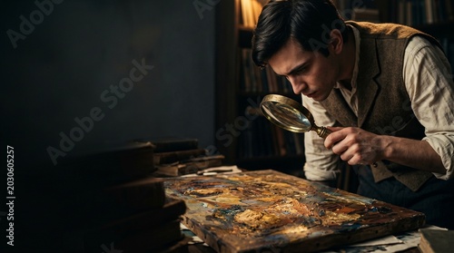 Art historian or conservator meticulously examining an antique oil painting with a magnifying glass to authenticate fine details in a vintage library setting.