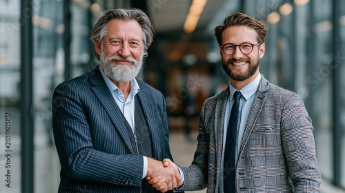 Two smiling businessmen in fashionable suits shaking hands warmly while standing in a modern hallway, emphasizing strong business connections.