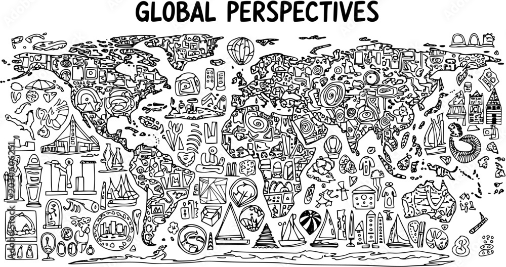 Obraz premium Global Perspectives Black and White Line Art World Map with Diverse Icons and Symbols