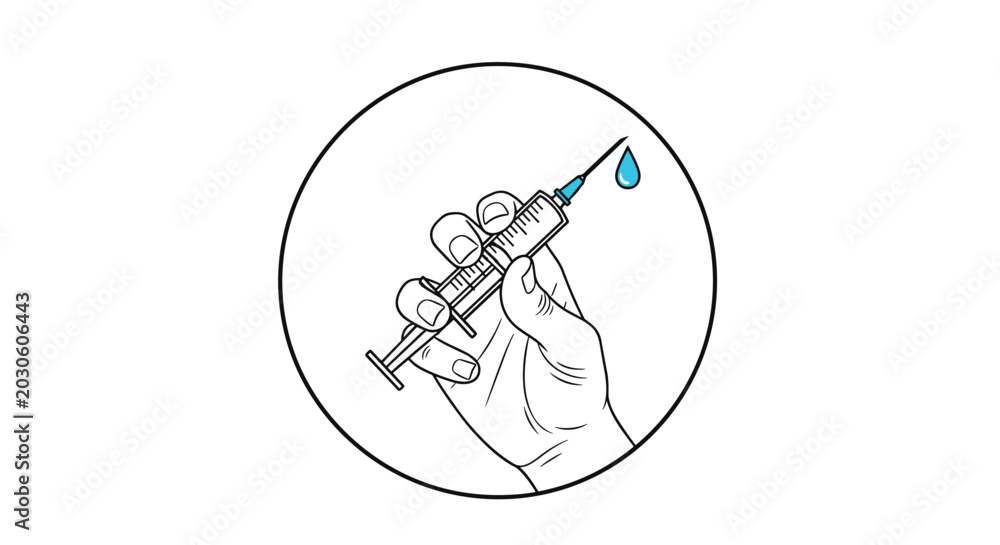 Obraz premium Black and white line art drawing of a hand holding a medical syringe with a single blue droplet of medicine at the needle tip.